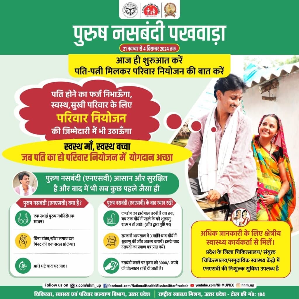 पुरुष नसबंदी पखवाड़ा शुरू, 28 नवम्बर से होगा सेवा प्रदायगी चरण का आगाज