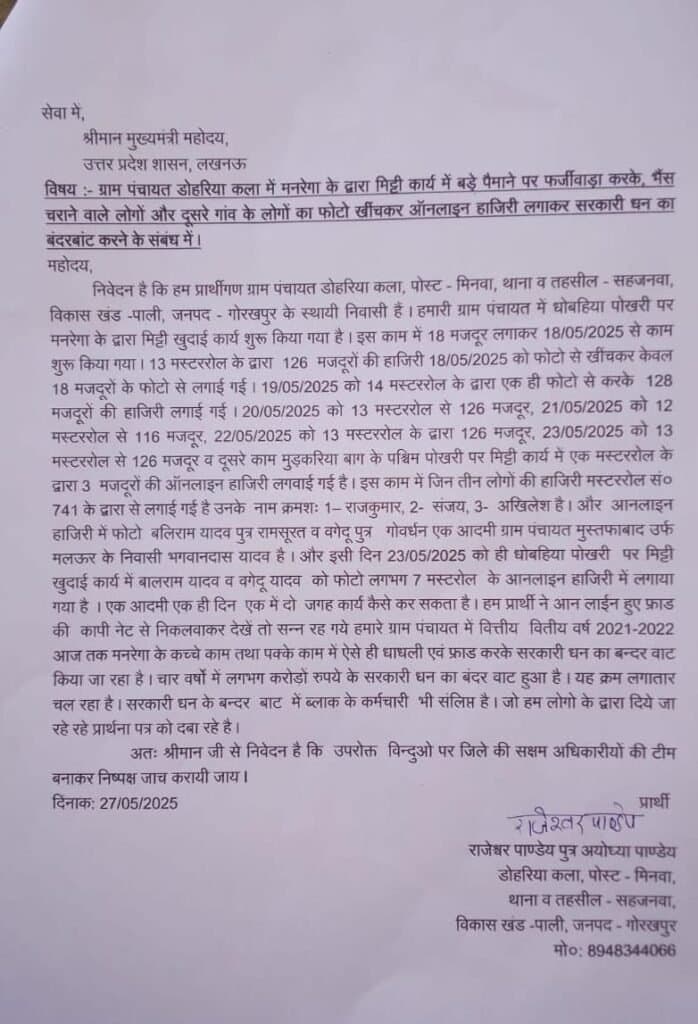 प्रधान पर भैंस चरवाहे और दूसरे गांव के मजदूरों की हाजिरी भर धन का बंदर बांट करने का आरोप