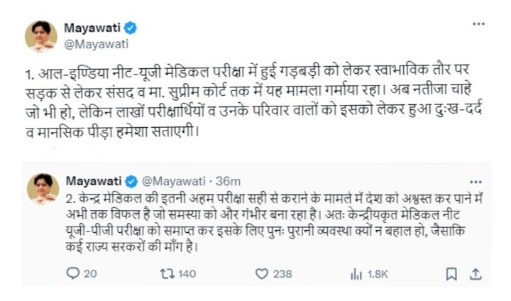 BSP अध्यक्ष मायावती ने एक्स पर लिखा